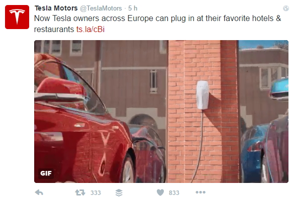 Tweet de Tesla Mortors anunciando el prgrama europeo Destination Charging