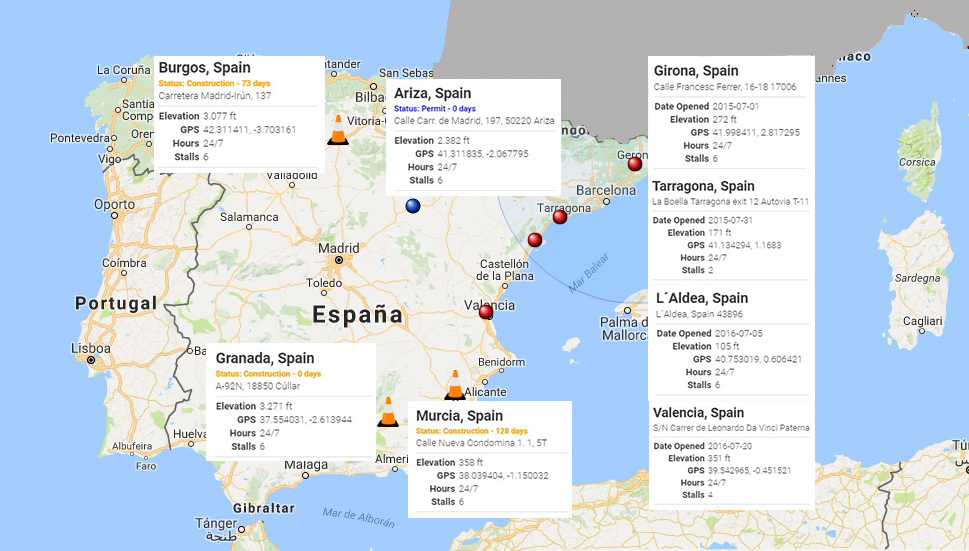 Mapa de estado de supercargadores en España - septiembre 2016l