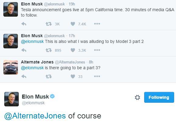 Tweets de Elon Musk anunciando la tercera parte de la presentación del Tesla Model 3