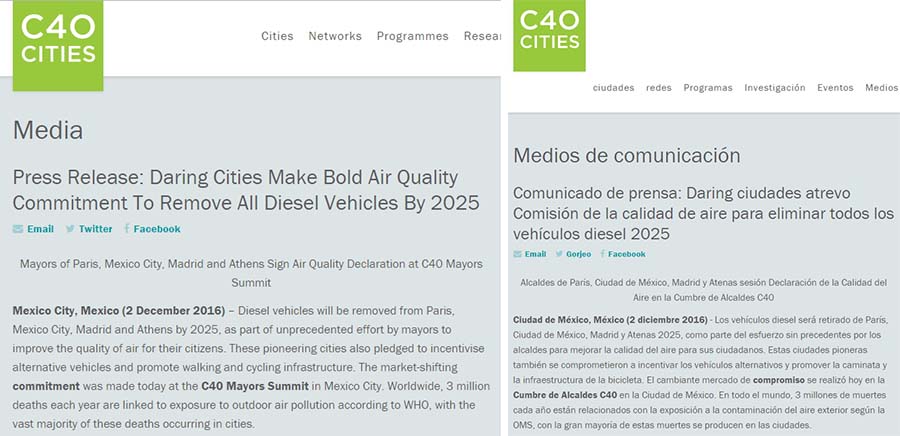 Nota de prensa de la C40 y traducción - Madrid no prohibirá los vehículos diésel
