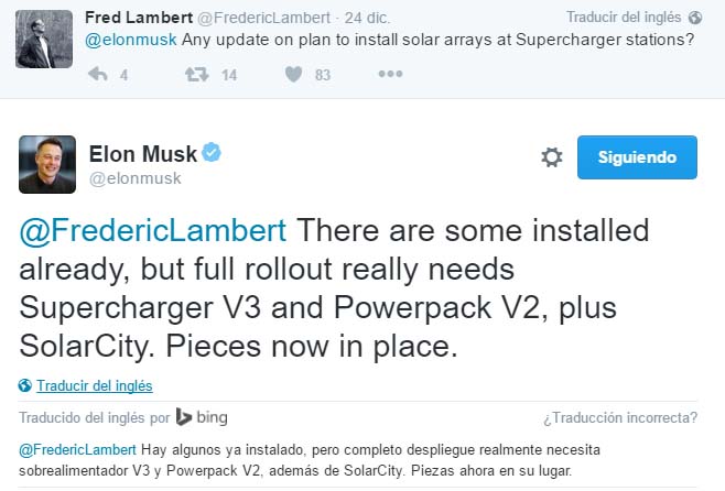 Tweet de Elon MUsk anunciando los supercargadores a 350 kW