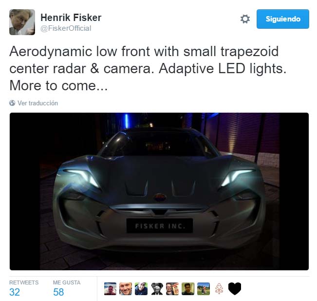 Tweet en el que se revela la parte frontal del nuevo coche eléctrico de Fisker