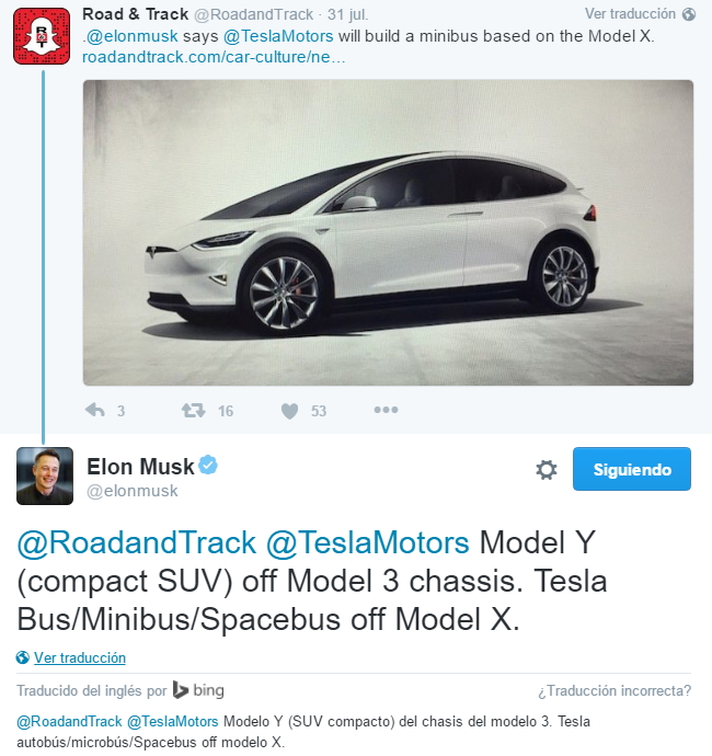 Tweet de Elon Musk refiriéndose al Model Y