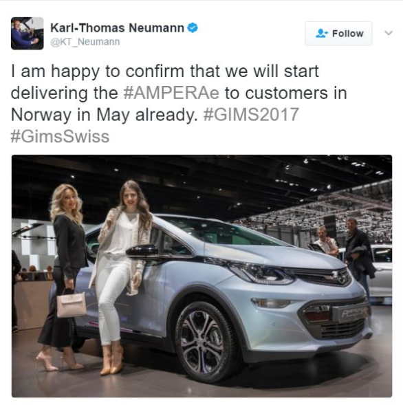 Tweet de Karl-Thomas Neumann, CEO de Opel - El Opel Ampera-e llegará en mayo a Noruega