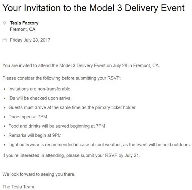 Condiciones de la invitación al evento del Tesla Odel 3 del 28 de julio