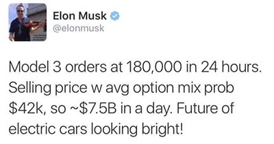 Tweet de Elon Musk sobre el precio medio de las reservas del Model 3