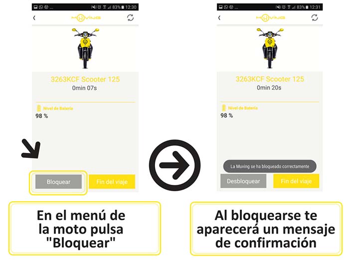 Para poder mantener la reserva y el alquiler de a moto eléctrica durante esta pausa hay que seleccionar la opción Bloquear dentro de la app