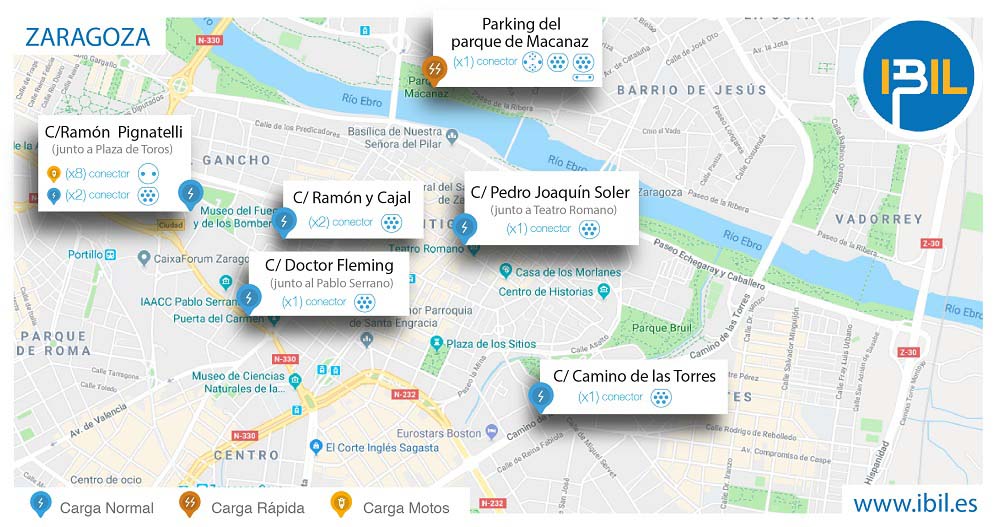 Mapa de ubicación de los nuevos puntos de recarga de Zaragoza gestionados por Ibil