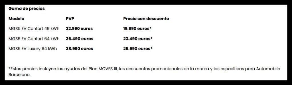 precios MGS5 EV