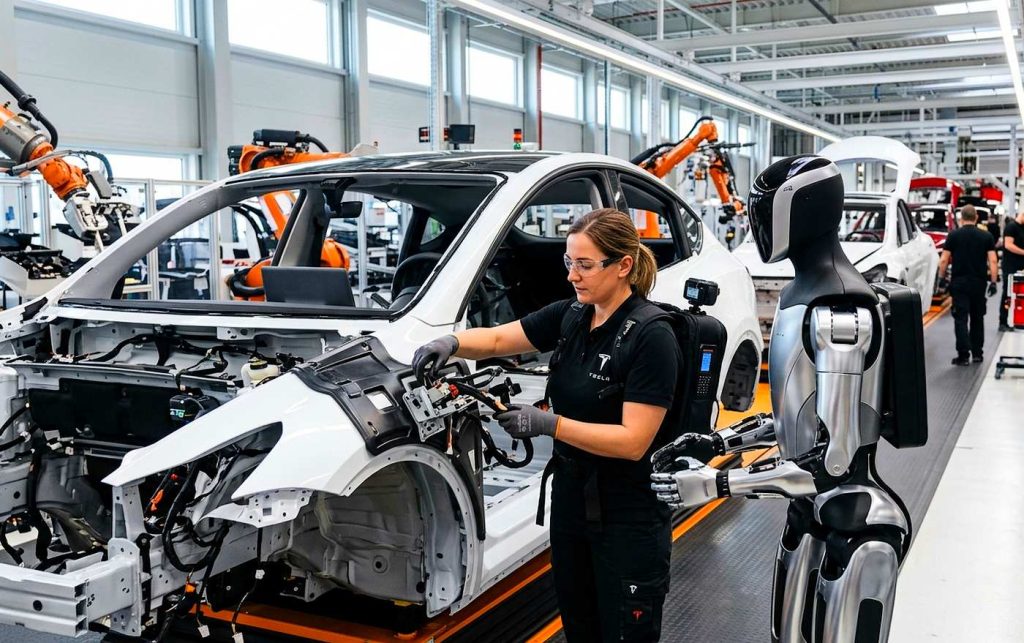 Los empleados de la fábrica alemana de Tesla ya enseñan a Optimus las tareas de montaje, mientras la marca prepara la futura producción masiva de su robot humanoide.