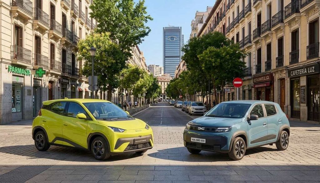 Dacia Spring 2027 y BYD Dolphin Surf se sitúan por debajo de 20.000 euros antes de ayudas. El Dacia aún no tiene precio definitivo, mientras el BYD parte de 19.990 euros y puede bajar hasta 14.455 euros. Imagen: IA.